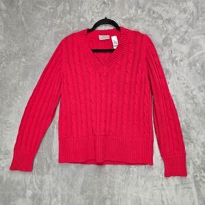 Liz Claiborne Womens Large Chunky Red Cable Knit V Neck Cotton Acrylic Sweater‎